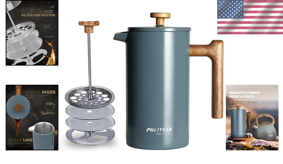 34 унций винтажный френч-пресс - элегантная кофеварка с многоразовым экранным фильтром - Изображение 2 из 4