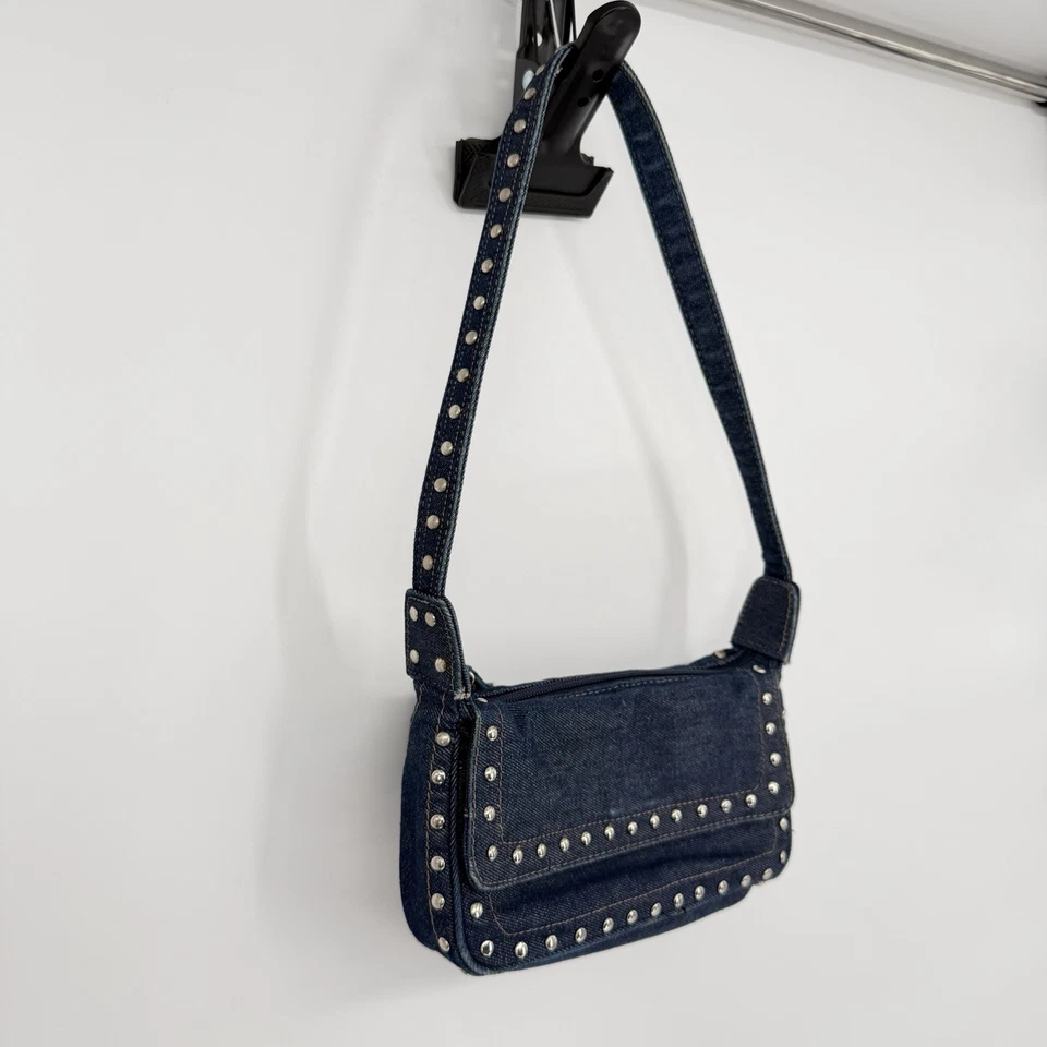 Mini bolsa vintage Y2K Nine West lavagem escura cravejada jeans 100% algodão forrado - Imagem 2 de 4