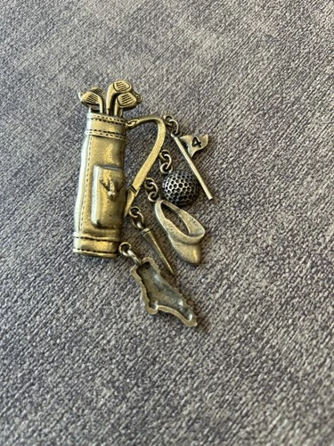 Vintage Golf Bag BROOCH PIN Clubs Rhinestones Gold Tone Costume Jewelry