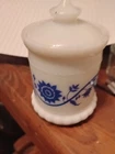 Vintage Hazel Atlas Milk Glass  Condiment Jelly Jar Pot with Lid Blue Floral