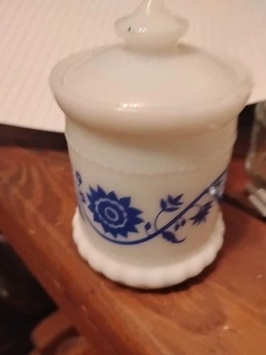 Vintage Hazel Atlas Milk Glass  Condiment Jelly Jar Pot with Lid Blue Floral
