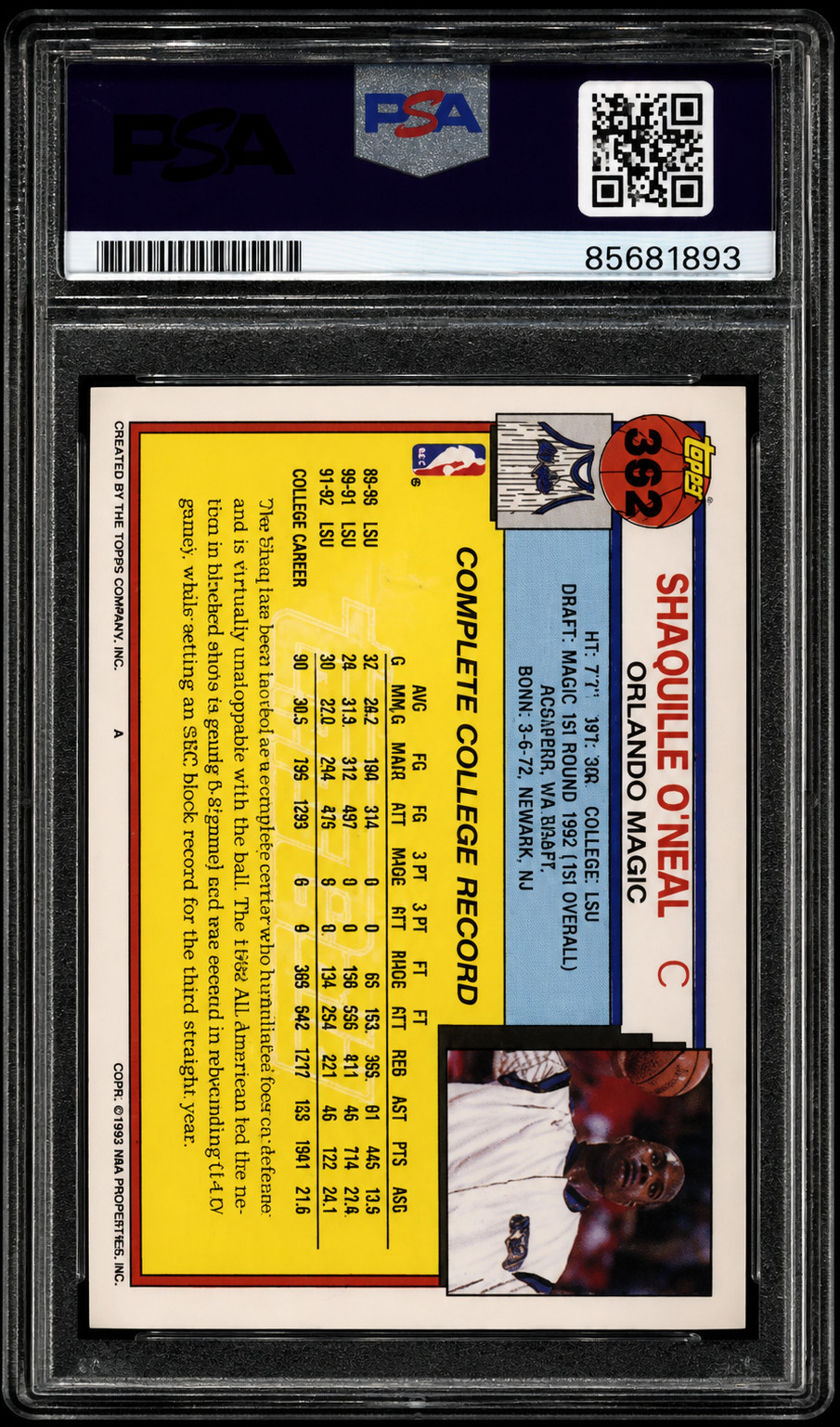 🔥 Shaquille O'Neal 1992 Topps Gold #362 Rookie Card 🔥 view 2