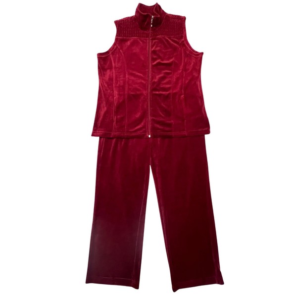 Denim & Co Active Burgundy Comfy Cozy Velour 2 Piece Set Vest Pants Size LP