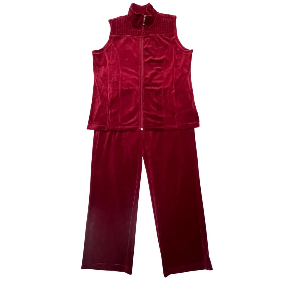 Denim & Co Active Burgundy Comfy Cozy Velour 2 Piece Set Vest Pants Size LP