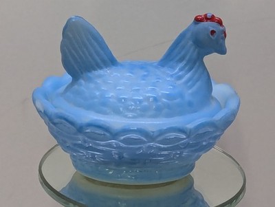 Westmoreland Milk Glass Fired on  Blue Mini Hen On Nest Mini Salt Dip  Miniature