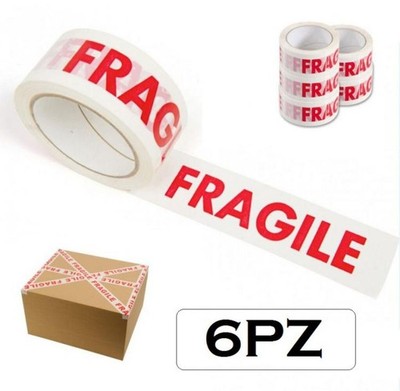 Nastro Adesivo Per Pacchi Fragili "Attenzione Vetro" BOMEI PACK - 6 Rotoli 50mm X 66m Con Dispenser Incluso