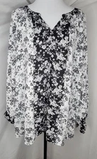 Women’s XL Black White Floral Blouse Long Sleeve Split Neck Boho Top Cottagecore