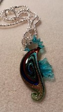 Artisan Blown glass colorful seahorse pendant necklace, 24 ".