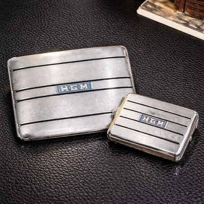 Art Deco Engine Turned Sterling Silver Enamel Antique Cigarette Case Vesta Match