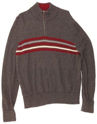 EDDIE BAUER Herren Zip Neck Pullover Sweater Large grau gestreift Baumwolle GL06