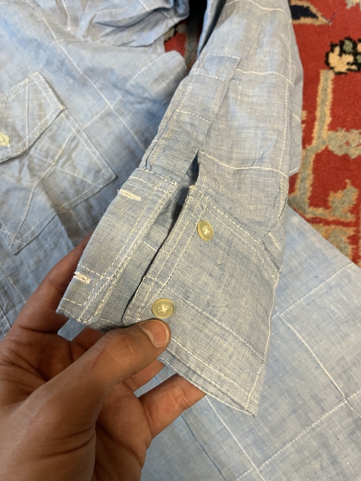 1960s Patchwork Chambray Button Up Workwear Shirt… - image 4