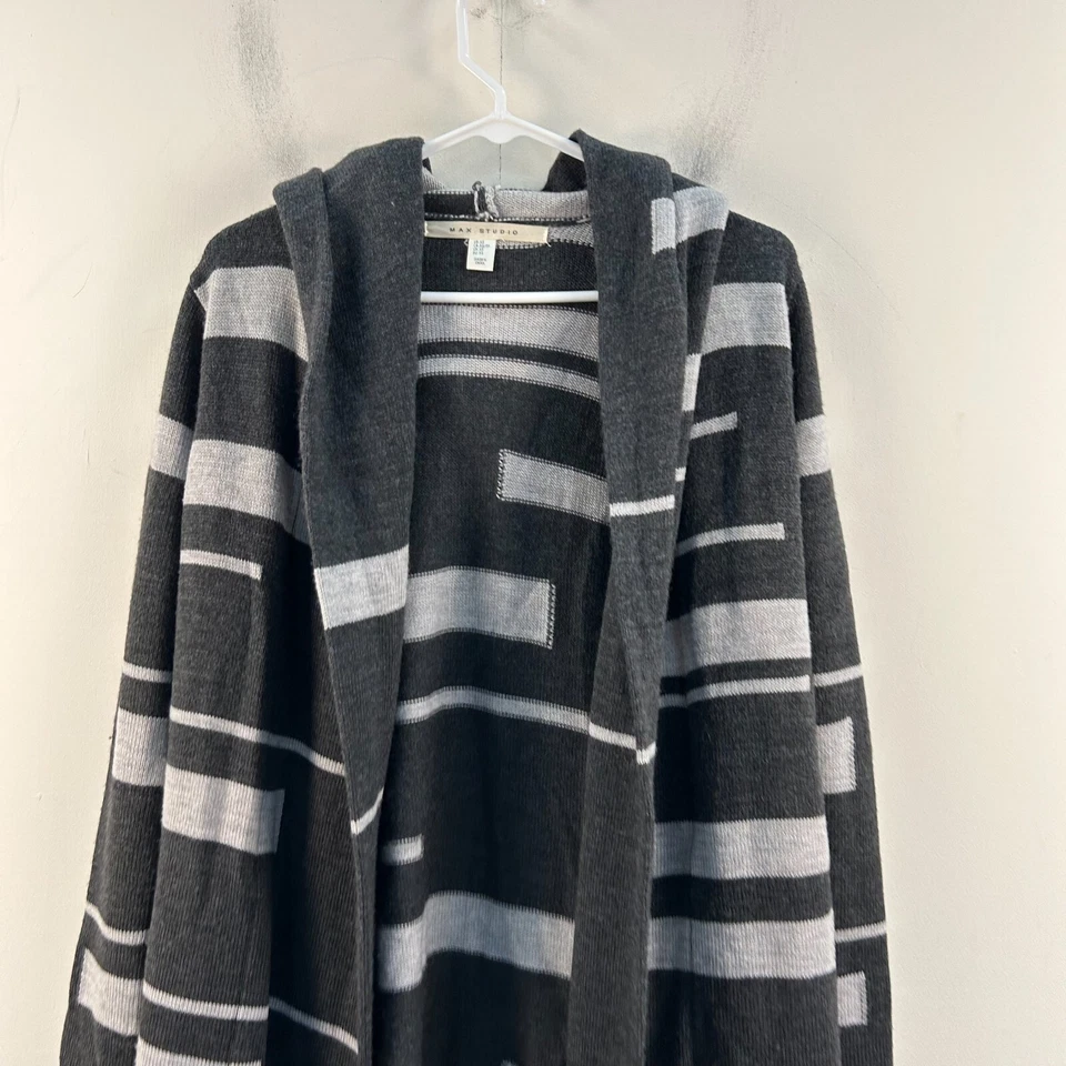 Suéter de lana Max Studio XS para mujer negro gris abierto con capucha tejido 17133 Foto 3 de 4