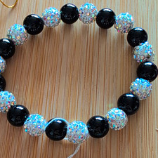 Handmade 10mm Black Onyx & White Rhinestone Acrylic Round Beaded  Bracele