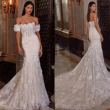 Mermaid Shiny Wedding Dress Pearls 3D Flowers Sequins Appliques Lace Bridal Gown