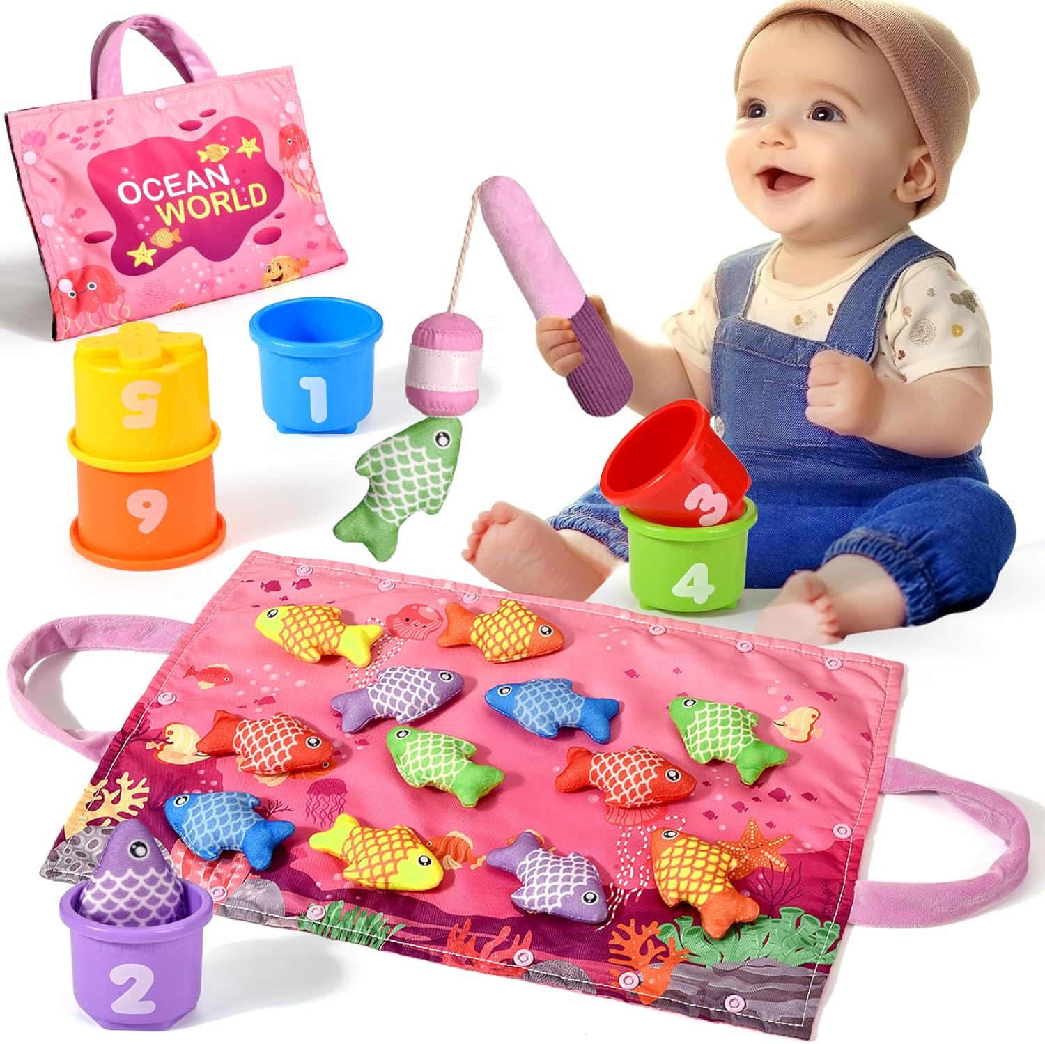 For 1 Year Old Girl Gifts, 20pcs Pink Cloth Fishing Toy For Todd