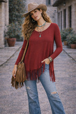 Piko 1988 Bamboo Fringe Tunic S Red Oversized Boho Lagenlook Western