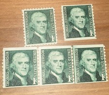 Thomas Jefferson 1 Cent US Postage Stamp - Canceled - Lot of 5 - Actual Stamps
