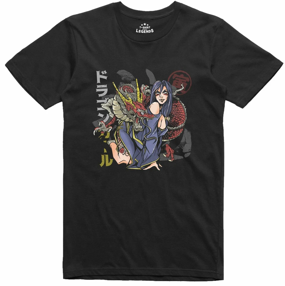 T-Shirt Anime Pour Homme Dragon Fille Manga Japonais Geek Coupe Régulière - Photo 1/1