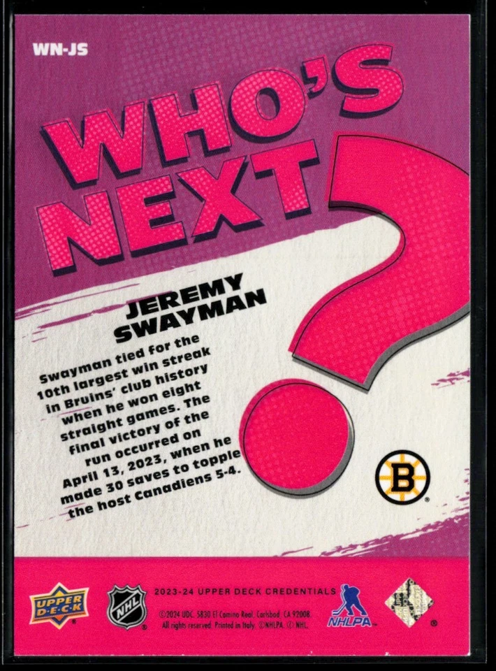 2023-24 Upper Deck Credentials Who's Next? #WN-JS Jeremy Swayman - Image 2 of 2