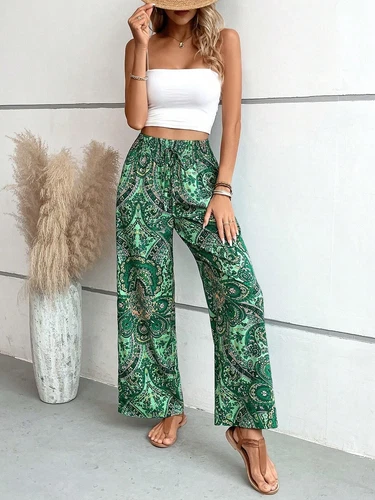 Damen Sommer Mode Blume Elastische Taille Weites Bein Hose- - Bild 20 von 29