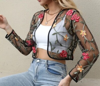 EMBROIDERED Floral Black NEW 14 Multi Colors Floral Women's Cropped Sheer  Jacket
