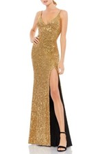 Mac Duggal 67717 Sequin High Slit Sheath Gown SZ 2 Antique Gold