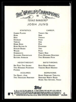 Josh Jung RC - 2023 Topps Allen & Ginter Rookie #90 Texas Rangers