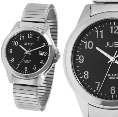 Herrenuhr Armbanduhr Schwarz Silber Edelstahl Stretch Flex Zugband JUST JU20094