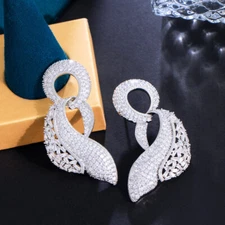 Silver Plated Symmetrical Ribbon Big Drop Earrings Women Zircon Banquet Jewelry