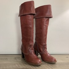 VINTAGE 70s Women's ZODIAC Mahogany Brown LEATHER Cuffed PIRATE High Heel BOOTS