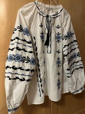 Cotton Ukrainian Women's Shirt ESQ L Embroidered With Blue Flowers Vyshyvanka