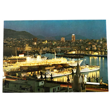 Postcard Genoa Italy The Harbour at Night Cruise Ships City Skyline
