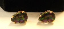 14K Yellow Gold Purple Green 9x6mm Mystic Topaz Solitaire Post Earrings