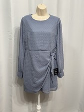 Lulus Women’s Blue Swiss Dot Long Sleeve Tie Front Round Neck Mini Dress L