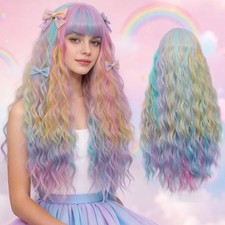 Women's Bangs Rainbow Wig 27 Inches Long Curly Wavy Hair Wig Heat Resistant F...