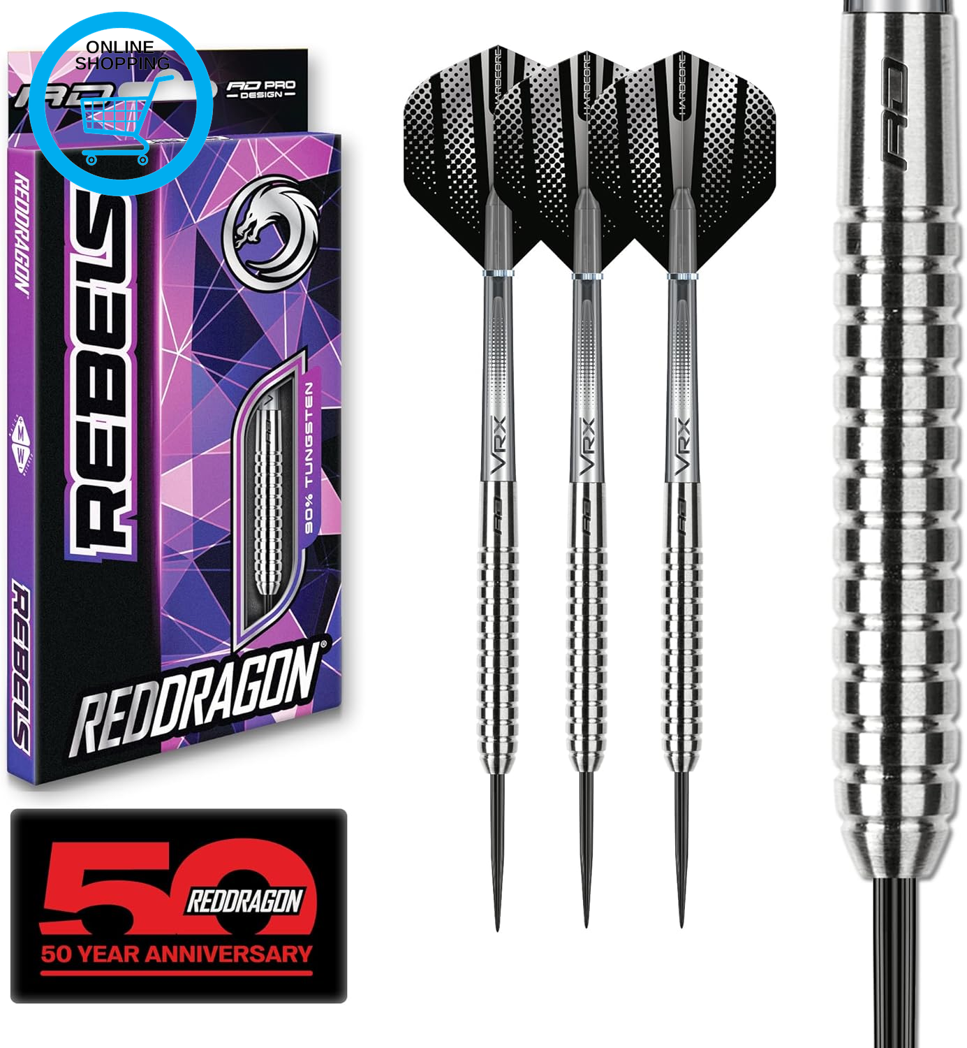 Rebel 21G, 23G, 24G, 25G or 26G Tungsten Darts Set with Flights and Stems