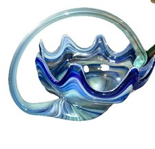 Vintage Mid Century Modern MCM Murano Style 10"x7" Art Glass Basket Blue Swirl
