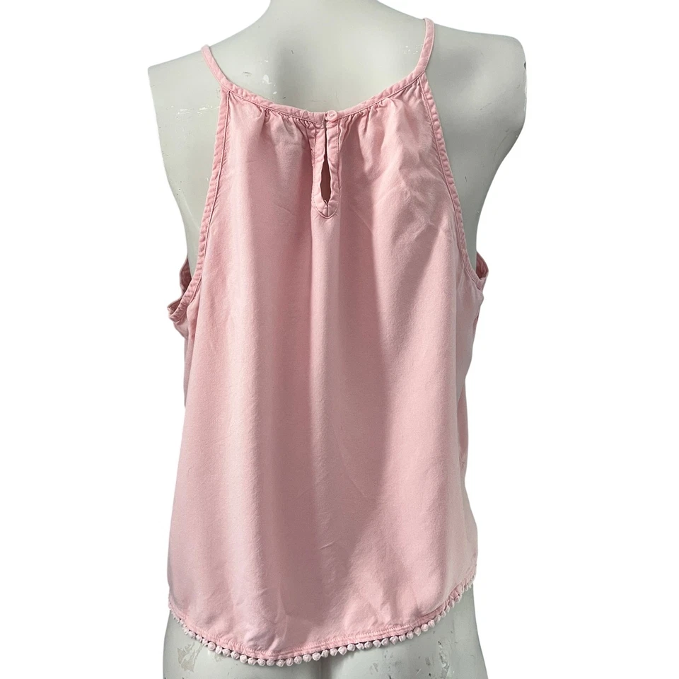 Camiseta sin mangas rosa barro XL sin mangas con ribete de pompones informal linda camiseta Y2K Boho femenina Foto 2 de 4