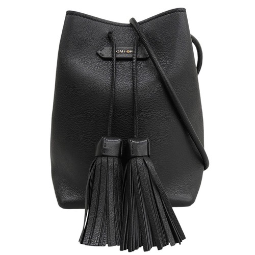 Super Tom Ford Leather Tassel Bucket Bag Shoulder Crossbody Black Women's