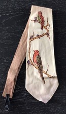 Vintage 1940-50  s Hand Painted Mens Beige Necktie Birds On A Branch Unbranded