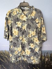 Tommy Bahama Shirt Mens XL Gray Yellow Silk Hawaiian Floral Camp Button Up