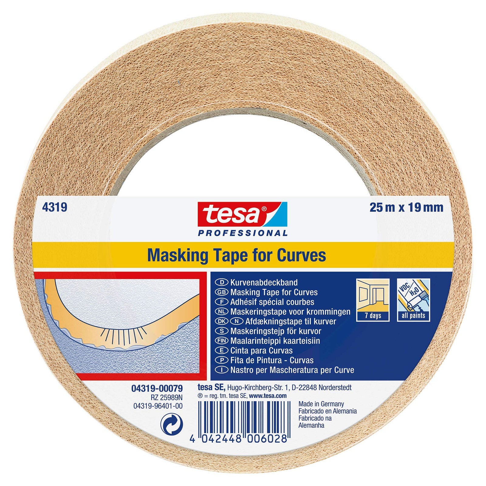 tesa 4319 Masking Tape for Curves, 19mm x 25m x 25m, Clear