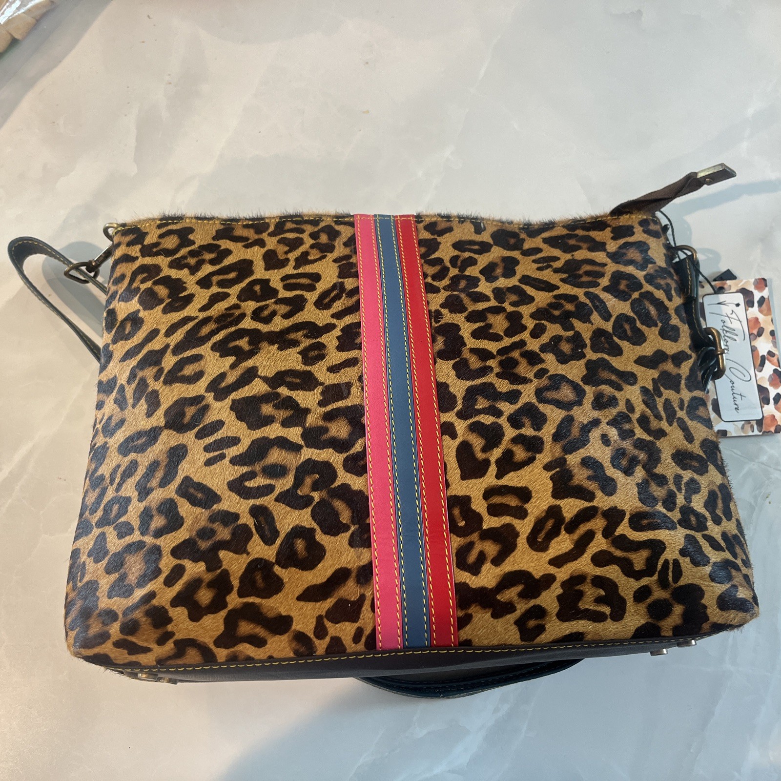 NWT FOLKLORE COUTURE Leopard Furry w/ Pink, Blue and Red Stripe Shoulder Bag