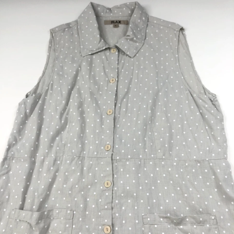 Vestido midi de lino grande 100 % lino para mujer gris a lunares Foto 2 de 4