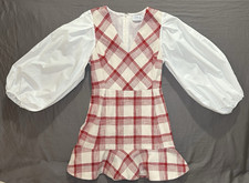 Tanya Taylor Gemma Combo Mixed Media Dress 6 Cream Red  Plaid Fit Flare *READ