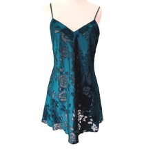 Vtg Victoria's Secret Gold Label Emerald Green Floral Burnout Lace Up Chemise S