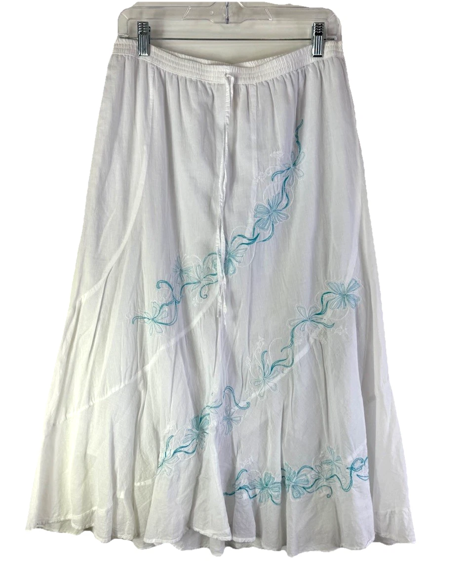 Vintage 90s Flowy Cotton Floral Embroidered Skirt Fairy Goblin Womens Large
