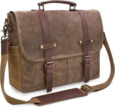 Mens Messenger Bag 15.6 Inch Waterproof Vintage Genuine Leather Waxed Canvas ...
