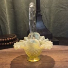 Yellow Vaseline Glass Hobnail Hand Blown Decorative Basket with Clear Handle