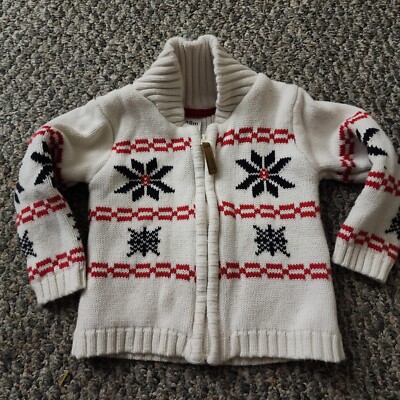 Carters Zip Cardigan Sweater 18 M 100% Cotton White Retro Geometric Twin Peaks